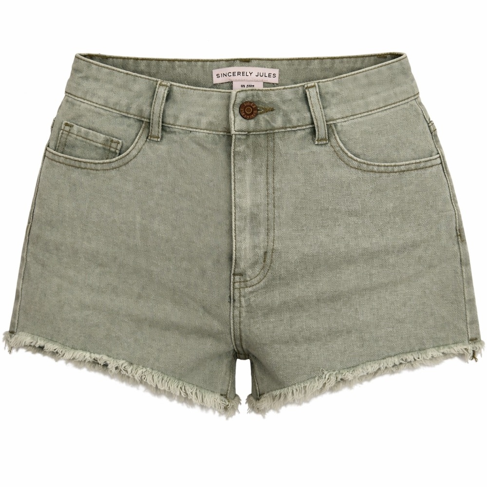 Sincerely Jules Sage Green High Rise Denim Shorts 7 /27 Frayed Hem NWT Boho